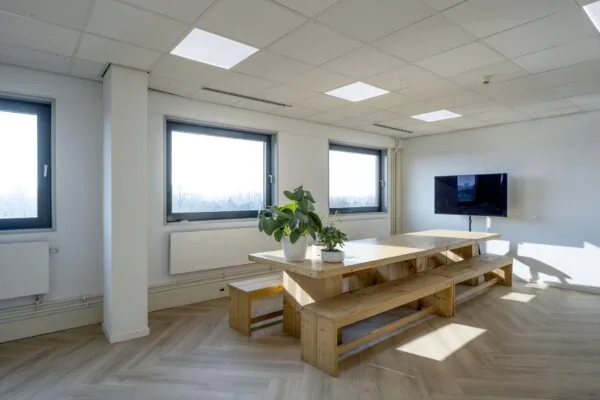 Moderne vergaderruimte aan de Joan Muyskenweg met houten tafel, planten, wand-tv en grote ramen met uitzicht.