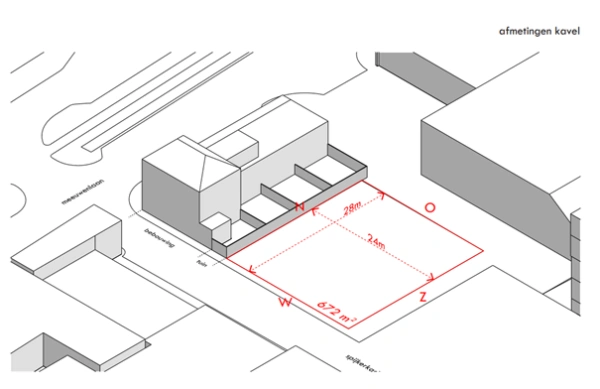 Isometrische tekening van een kavel van 672 m² aan de Spijkerkade, met afmetingen van 28 bij 24 meter in rood gemarkeerd.