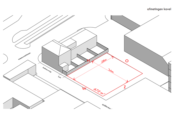 Isometrische tekening van een kavel van 672 m² aan de Spijkerkade, met afmetingen van 28 bij 24 meter in rood gemarkeerd.