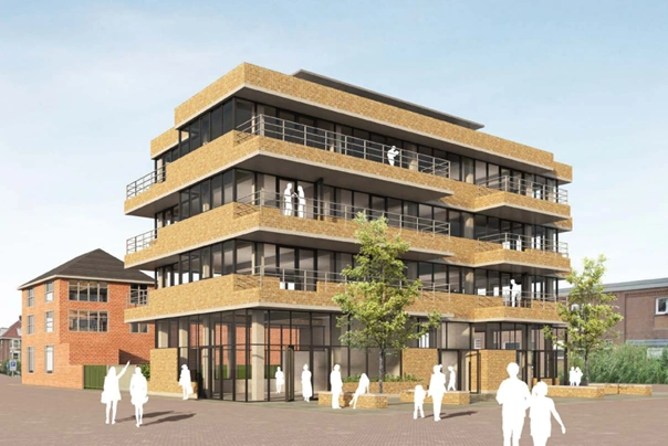 Architectonische impressie van een modern appartementencomplex aan de Spijkerkade met meerdere verdiepingen, balkons en grote raampartijen.