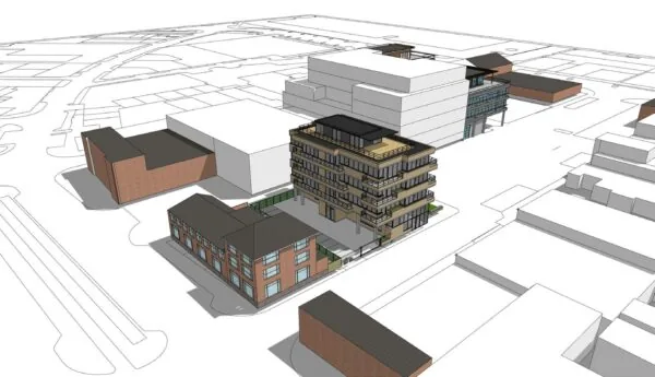 3D-impressie van een nieuwbouwproject aan de Spijkerkade met een mix van moderne en traditionele bebouwing.