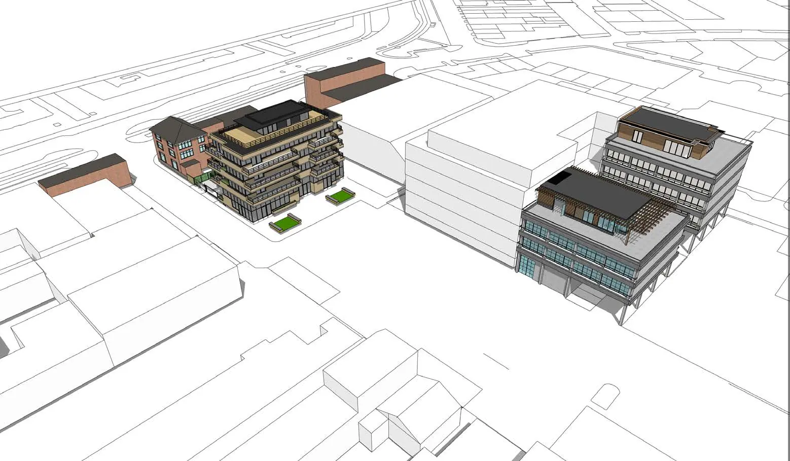 3D-impressie van het bouwproject aan de Spijkerkade met meerdere moderne gebouwen in een stedelijke omgeving.