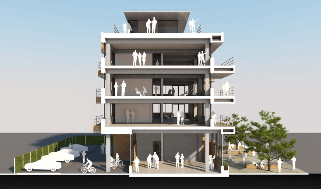 Architectonische doorsnede van een modern gebouw aan de Spijkerkade met meerdere verdiepingen, terrassen, parkeerruimte en figuren die interactie voorstellen.