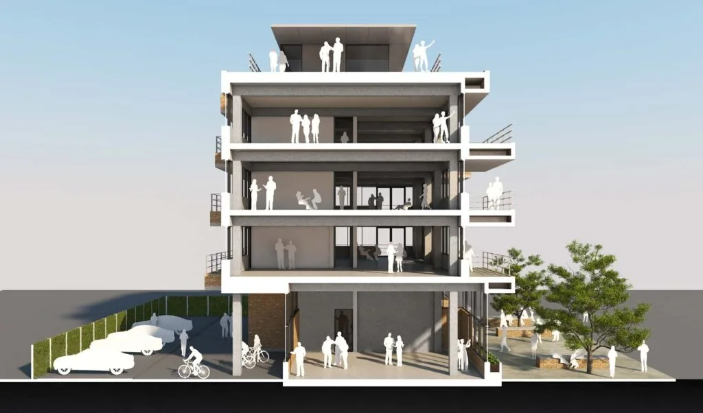 Architectonische doorsnede van een modern gebouw aan de Spijkerkade met meerdere verdiepingen, terrassen, parkeerruimte en figuren die interactie voorstellen.