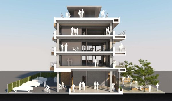 Architectonische doorsnede van een modern gebouw aan de Spijkerkade met meerdere verdiepingen, terrassen, parkeerruimte en figuren die interactie voorstellen.