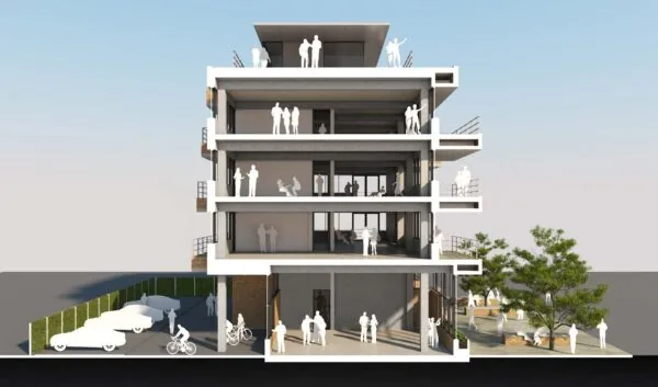 Architectonische doorsnede van een modern gebouw aan de Spijkerkade met meerdere verdiepingen, terrassen, parkeerruimte en figuren die interactie voorstellen.