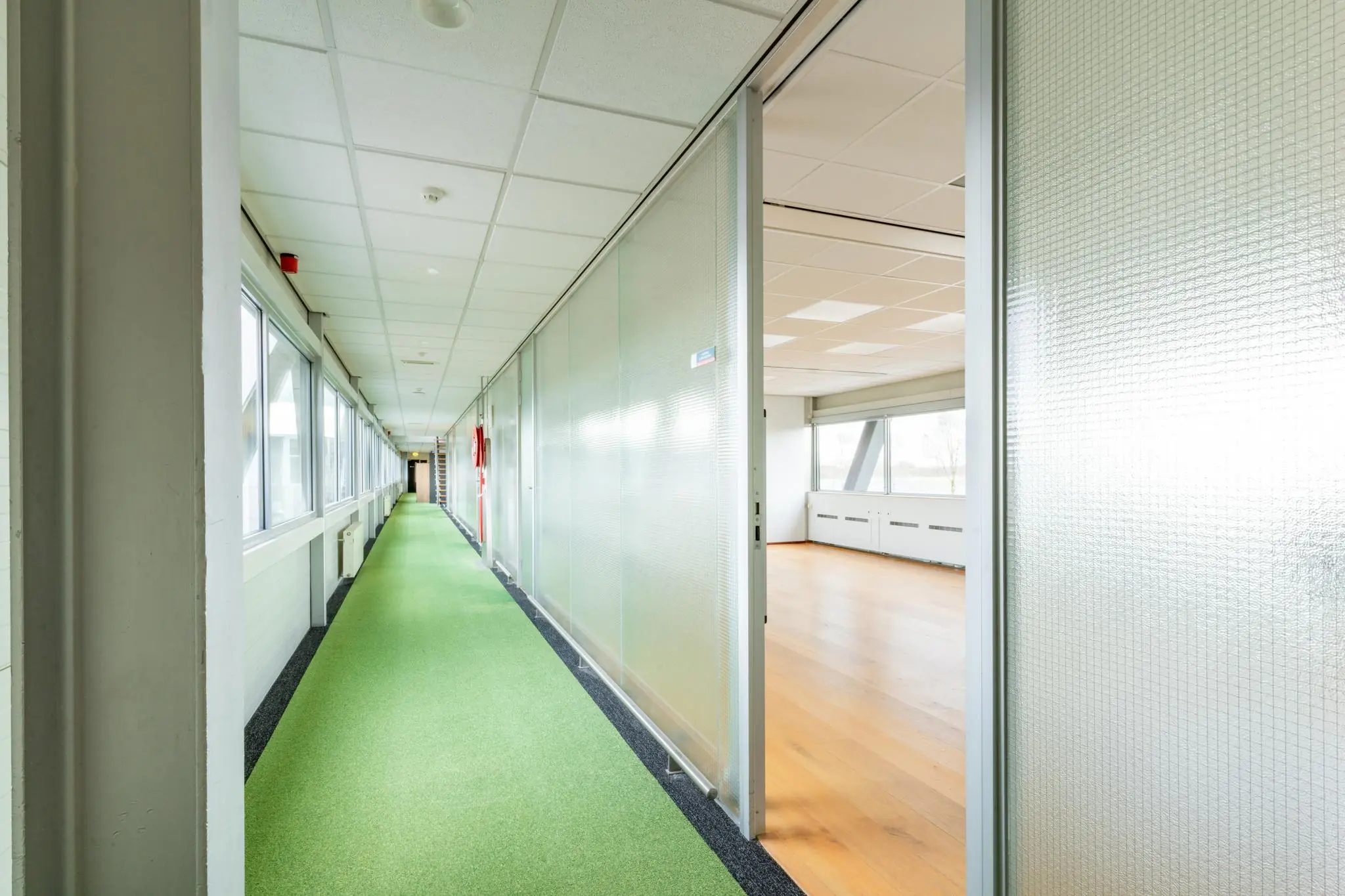 Licht en modern kantoorinterieur aan de Meidoornkade met groene gangvloer en glazen wanden.