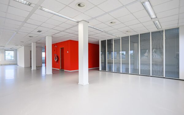 Licht en modern kantoorpand aan de Rivium 1e Straat met glazen scheidingswanden en rode accentmuur.