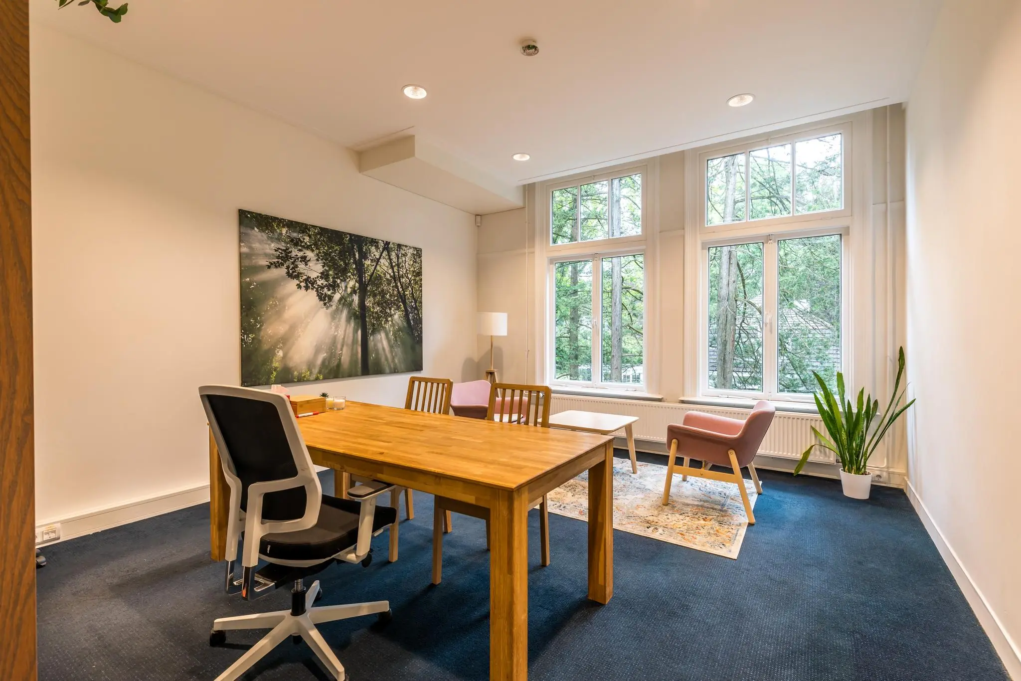 Licht en modern ingericht kantoor aan de Amersfoortsestraat met groot raam, houten meubels en groene accenten.