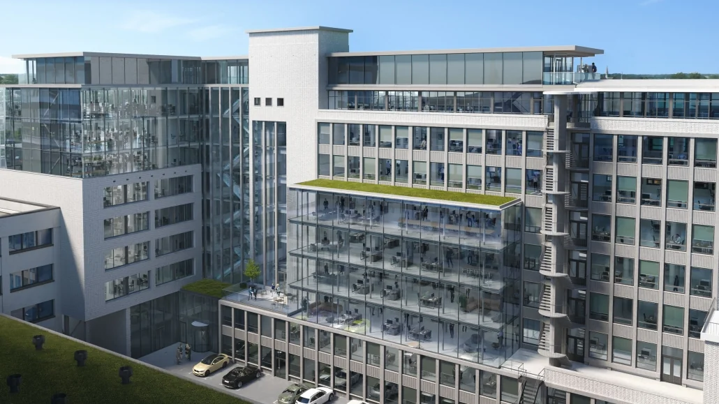 Moderne kantoorcomplex aan de Catharijnesingel met glazen gevels en dakterras.