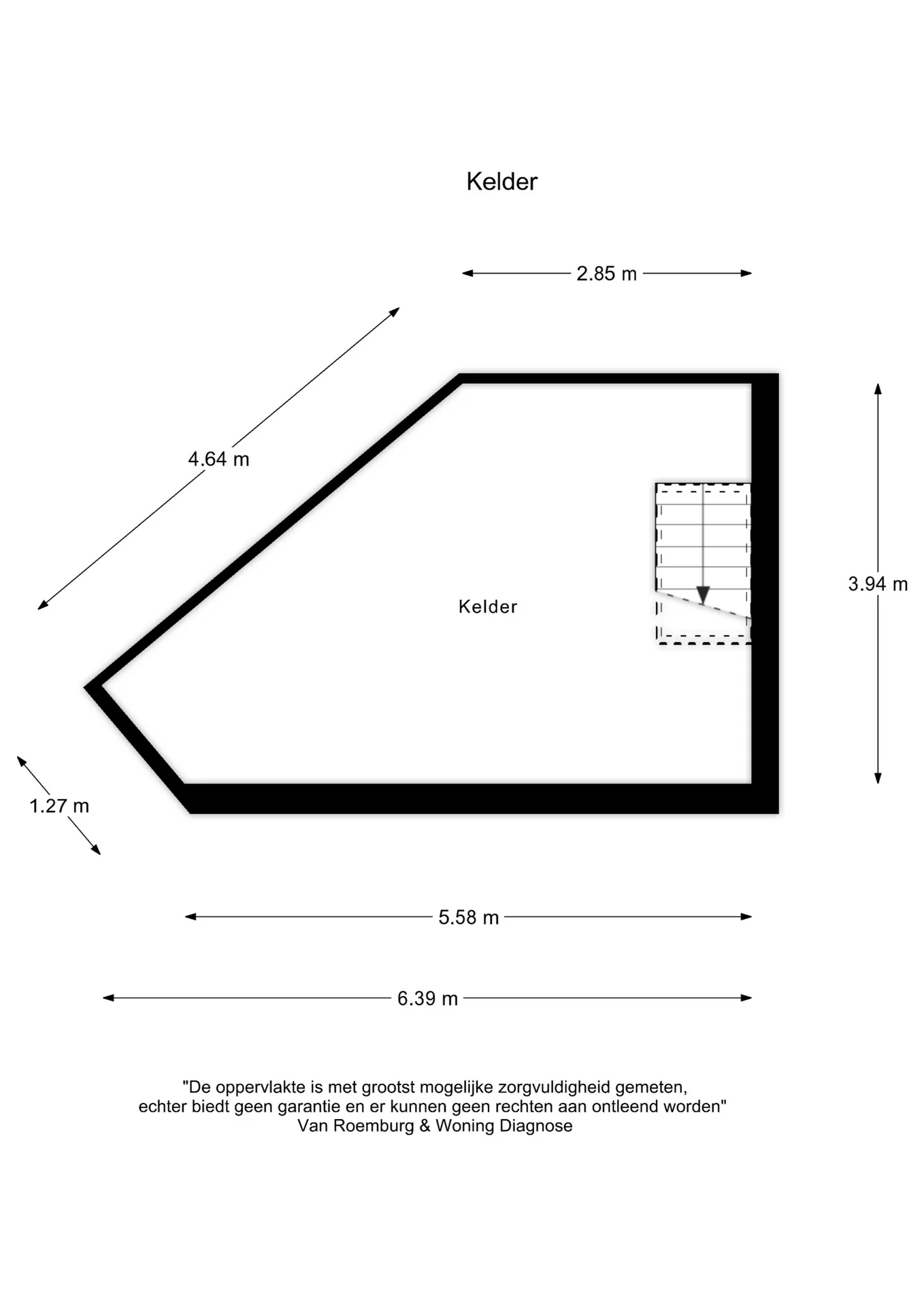 Plattegrond van een kelderruimte aan de Lomanstraat met afmetingen en trapopgang.