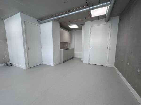 Moderne, lege studio aan de Willem Parelstraat met witte deuren, een kleine keuken en zichtbare ventilatiebuizen aan het plafond.