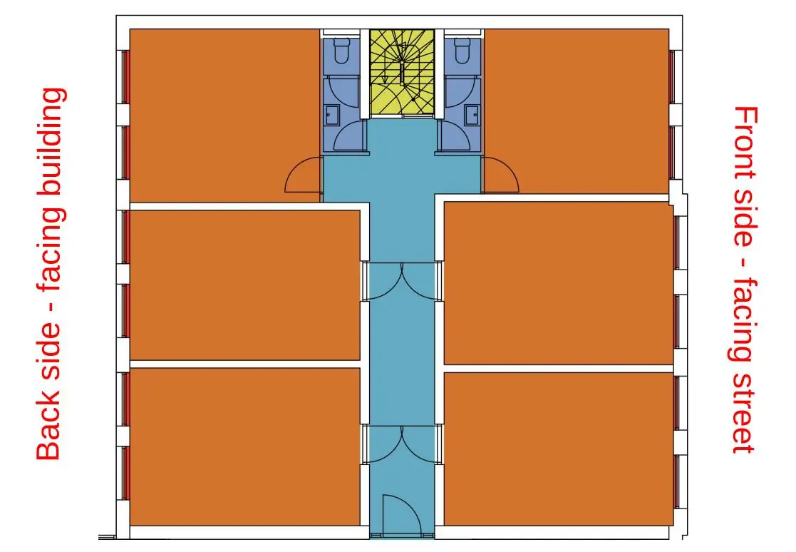 Plattegrond van een etage aan de Raadhuisstraat met zes kamers, centrale gang, trappenhuis en sanitaire voorzieningen.