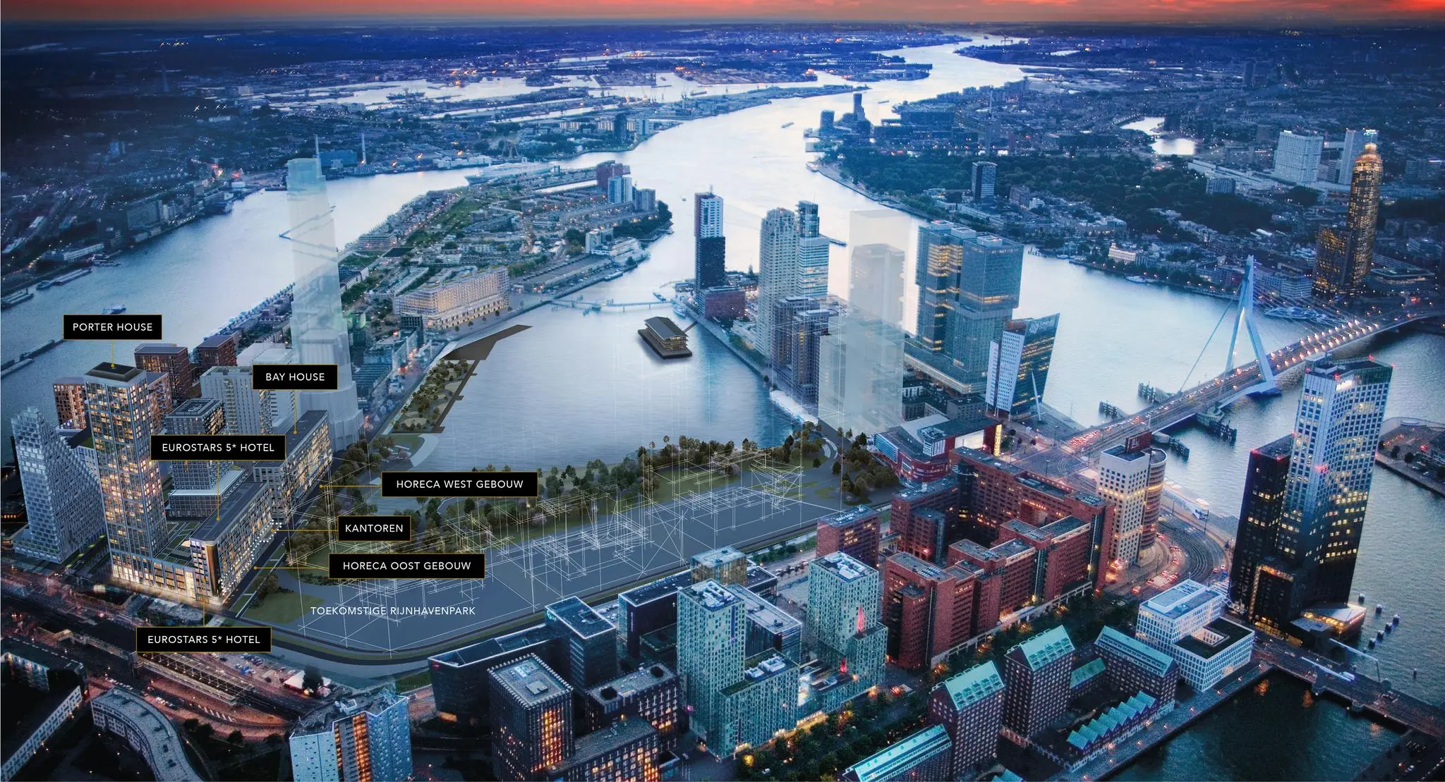 Toekomstige ontwikkeling van de Rijnhavenkade in Rotterdam met geplande gebouwen en park, gezien bij zonsondergang.