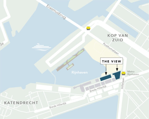 Kaart van de Rijnhavenkade in Rotterdam met de locatie van het project "The View" en nabijgelegen metrostations.