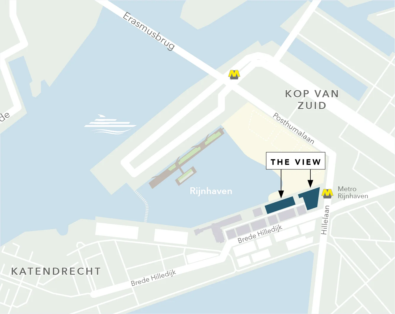 Kaart van de Rijnhavenkade in Rotterdam met de locatie van het project "The View" en nabijgelegen metrostations.