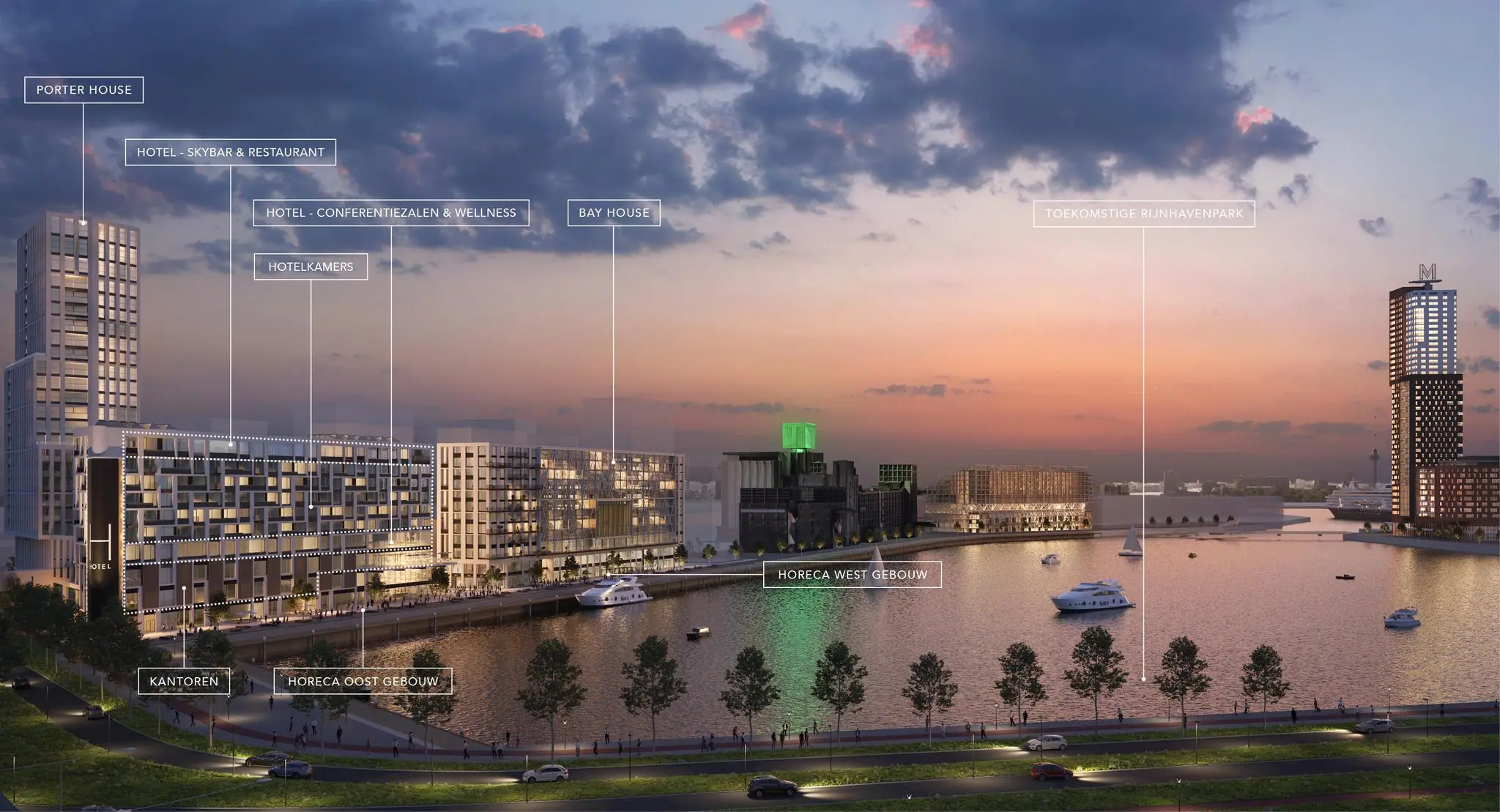 Toekomstige skyline van de Rijnhavenkade in Rotterdam met benoemde gebouwen en voorzieningen bij zonsondergang.