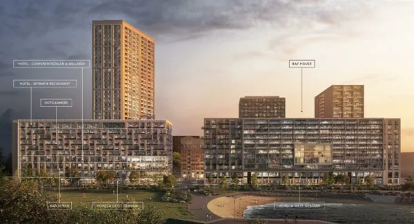 Impressie van de Rijnhavenkade met diverse gebouwen zoals hotel, kantoren en Bay House aan het water bij zonsondergang.