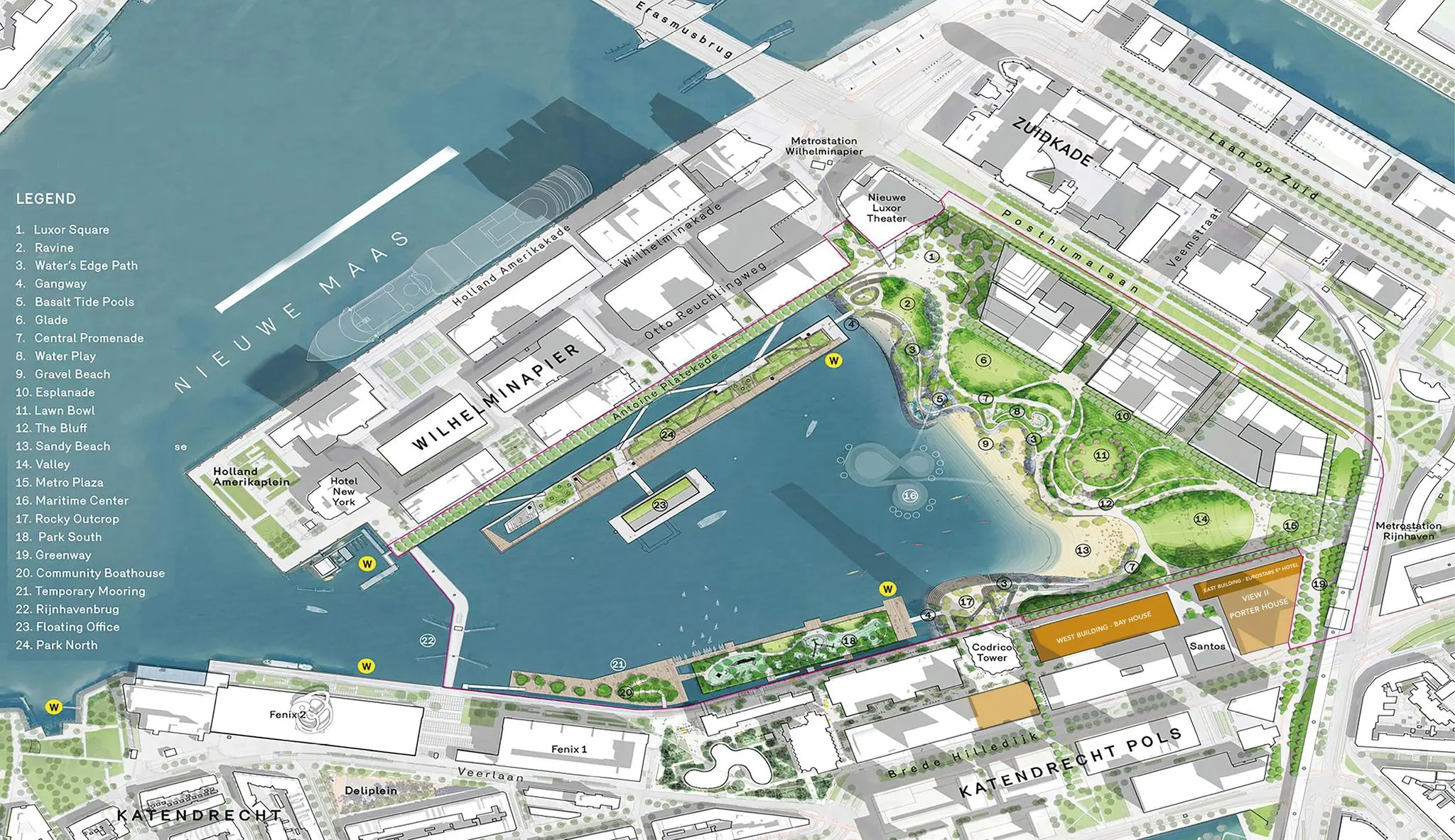 Plattegrond van de Rijnhavenkade in Rotterdam met geplande gebouwen, groenvoorzieningen en waterstructuren langs de Nieuwe Maas.