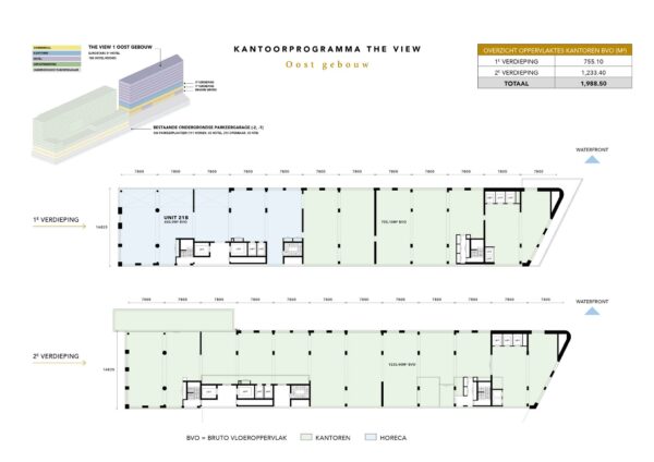 Plattegrond van kantoorverdiepingen in het oostgebouw van The View aan de Rijnhavenkade met oppervlakte-indelingen en functies.