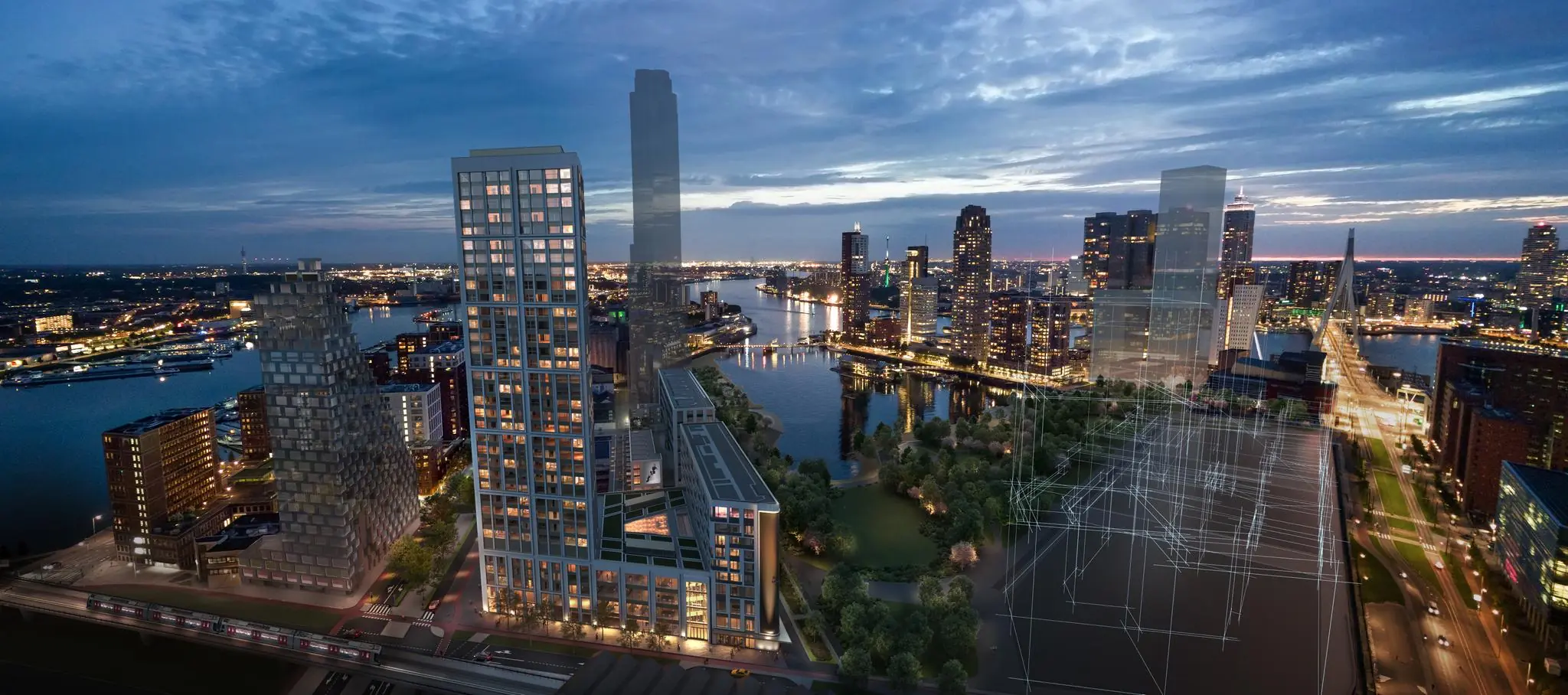 Impressie van nieuwbouw aan de Rijnhavenkade in Rotterdam tijdens schemering met uitzicht op de skyline en de Erasmusbrug.