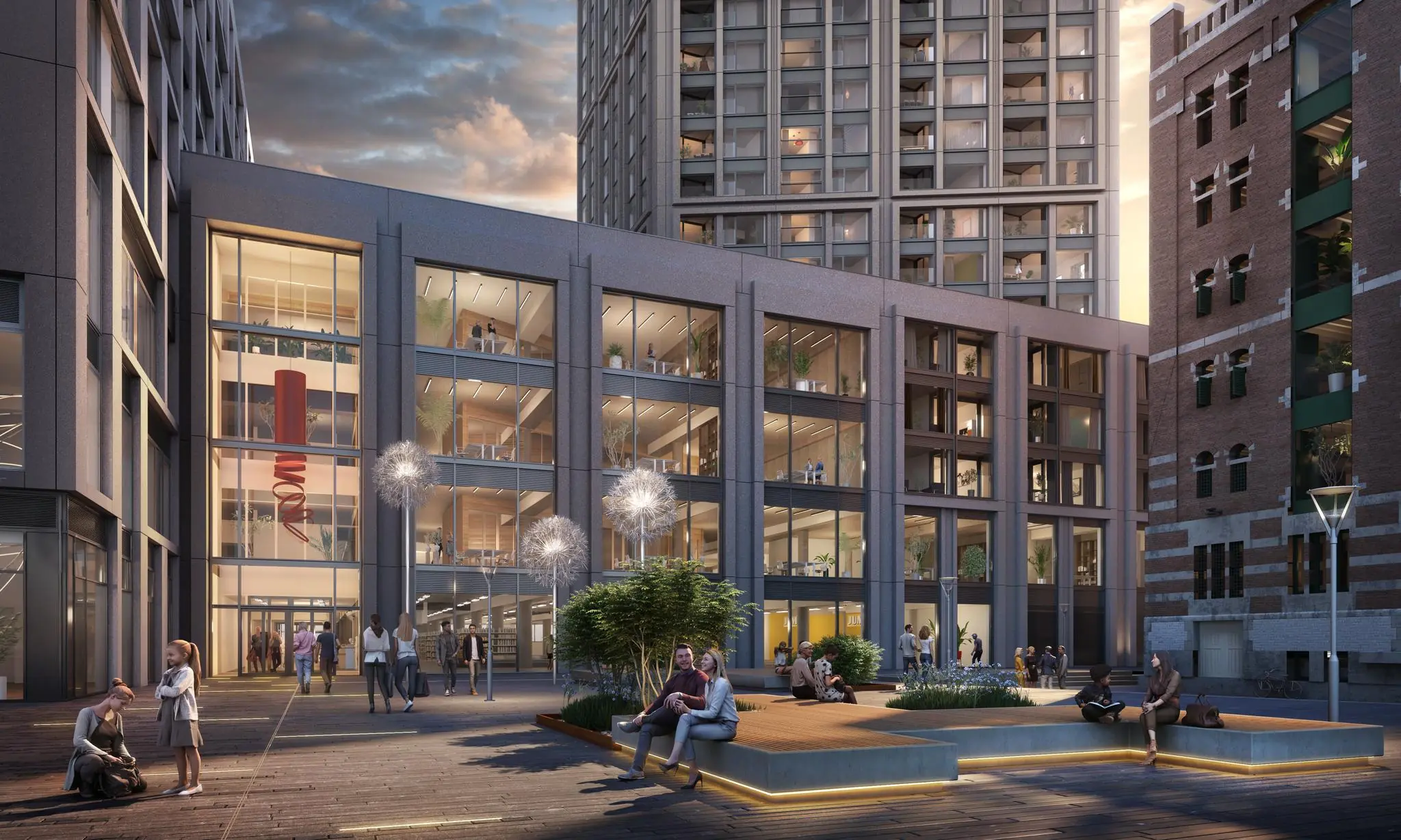 Moderne stadsontwikkeling aan de Rijnhavenkade met hoogbouw, grote ramen en een levendig plein met mensen.