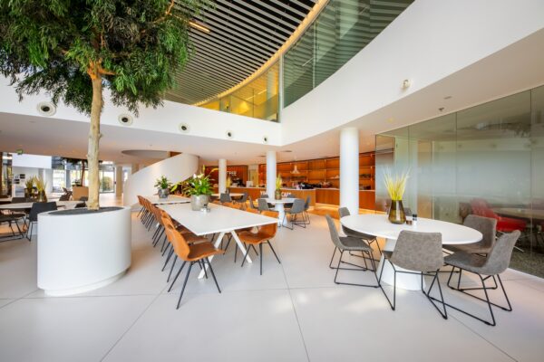Moderne en open kantoorlounge aan de Euclideslaan met zitgedeelte, grote ramen, planten en een koffiebar.