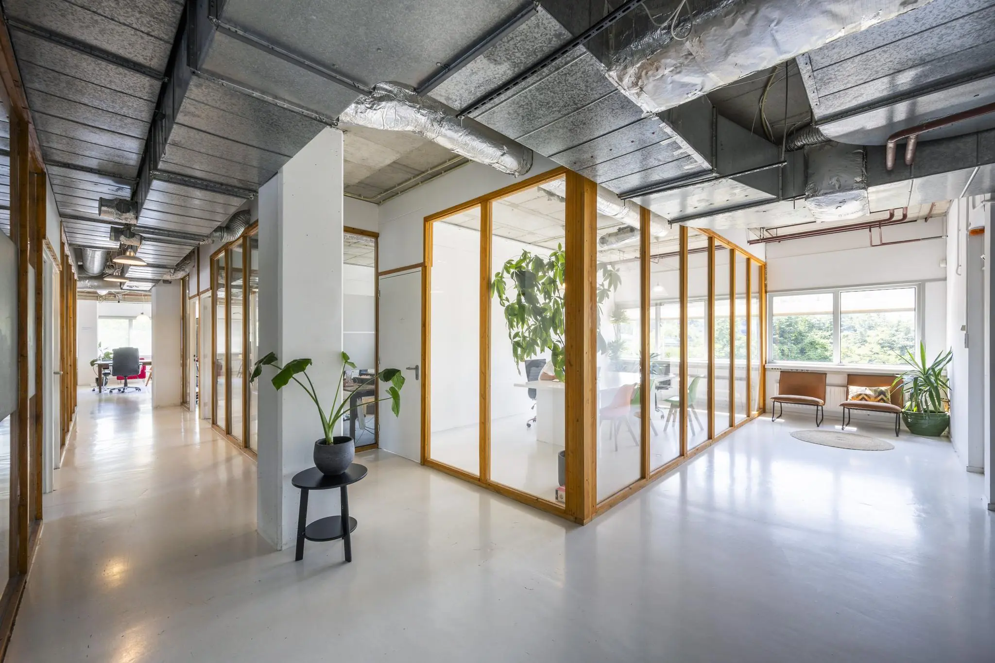 Moderne kantoorruimte aan de Anthony Fokkerweg met glazen vergaderruimtes, veel daglicht en groene planten.