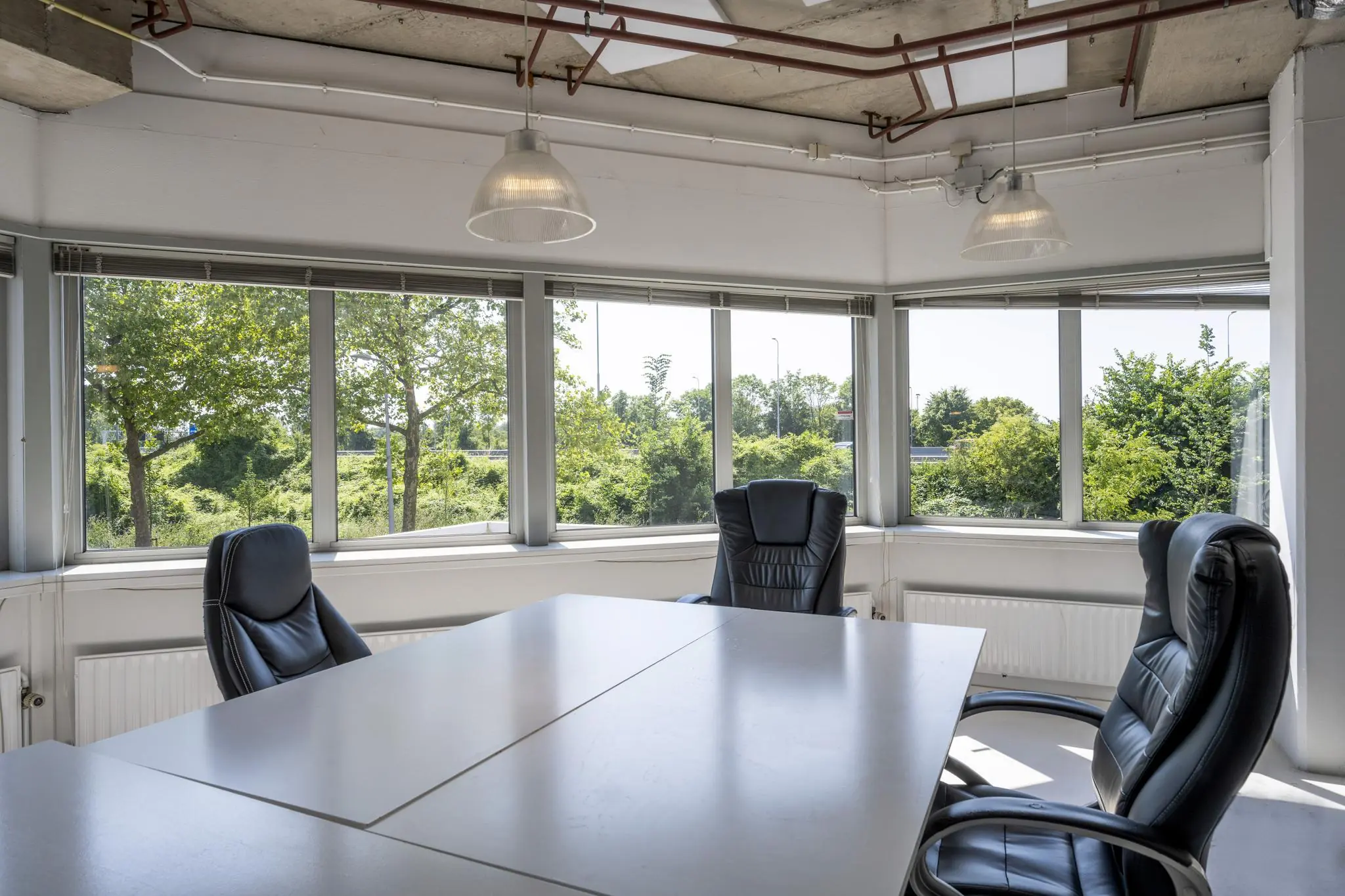 Vergaderruimte met leren stoelen en grote ramen met uitzicht op groen aan de Anthony Fokkerweg.