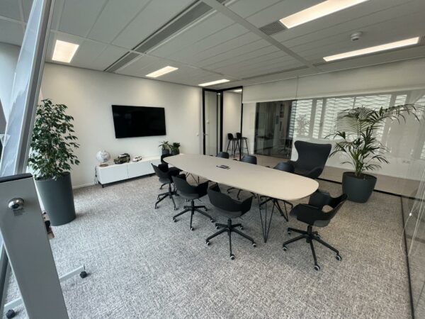 Moderne vergaderruimte aan de Winthontlaan met ovale tafel, zwarte stoelen, grote planten en een flatscreen aan de muur.
