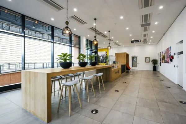 Moderne, ruime ontvangsthal aan de Winthontlaan met houten balie, hoge tafel met krukken, planten en grote ramen.