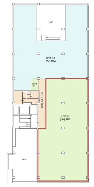 Plattegrond van de Generaal Vetterstraat met drie units (T.1, T.1-T.2, en T.1) van respectievelijk 353 m², 374 m² en een kleinere unit T.1 nabij de entree.