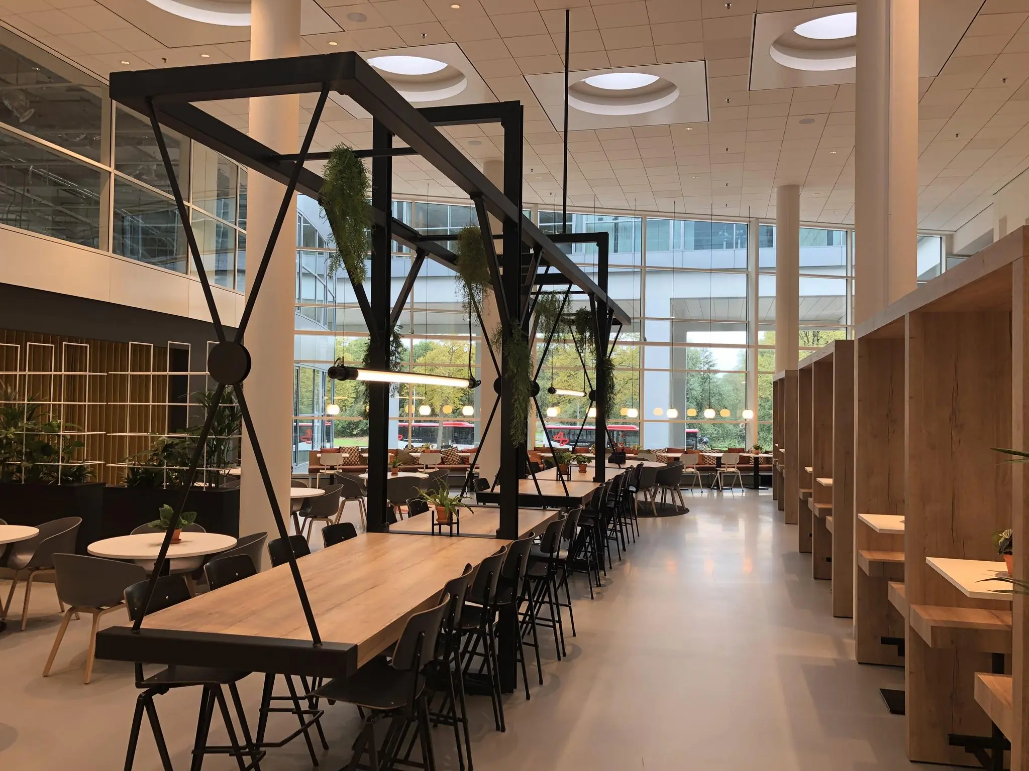 Moderne en open kantoorlounge aan de Newtonlaan, met houten werkplekken, lange vergadertafels en veel daglicht.