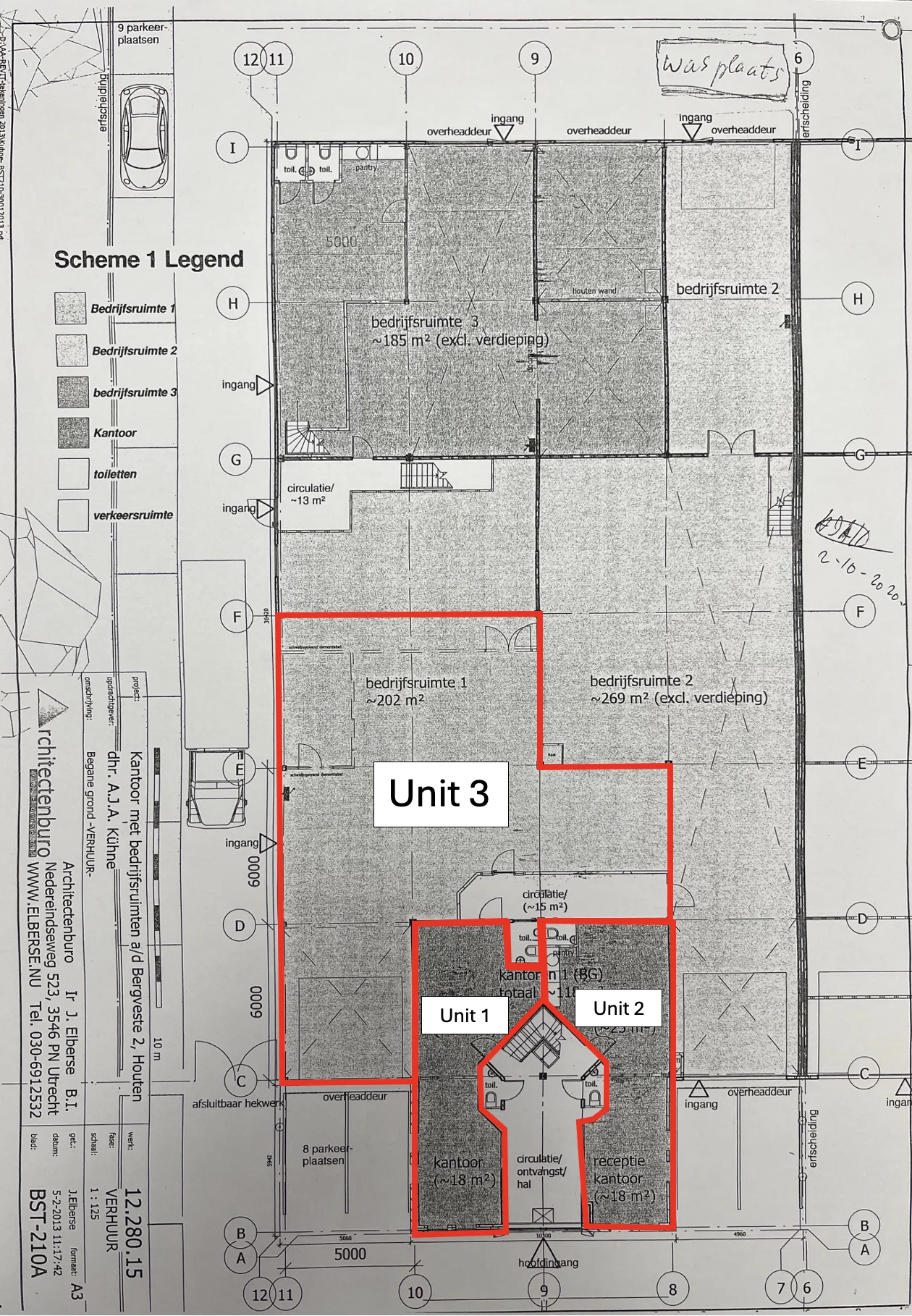 Plattegrond van bedrijfsgebouw Bergveste met in rood gemarkeerde units 1, 2 en 3.