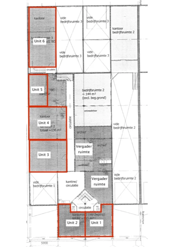 Plattegrond van bedrijfsverzamelgebouw Bergveste met gemarkeerde units 1 tot en met 6.