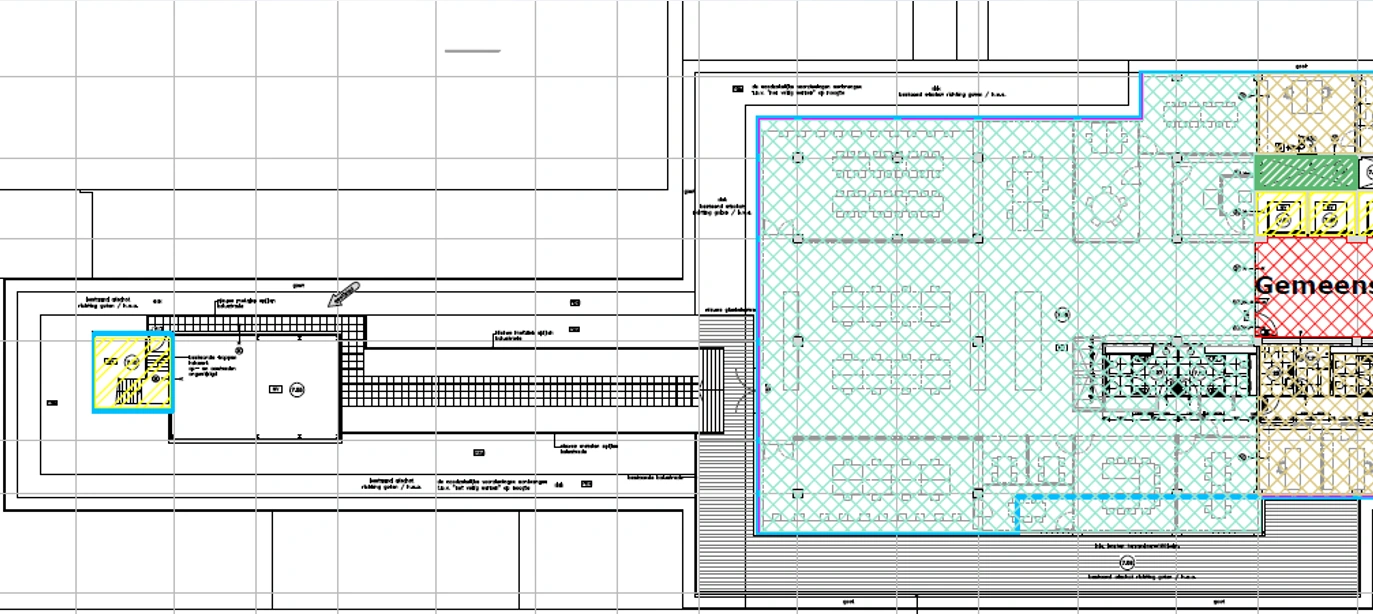 Technische plattegrond van een verdieping aan de Vijzelstraat met ingetekende kantoorruimtes en installaties.