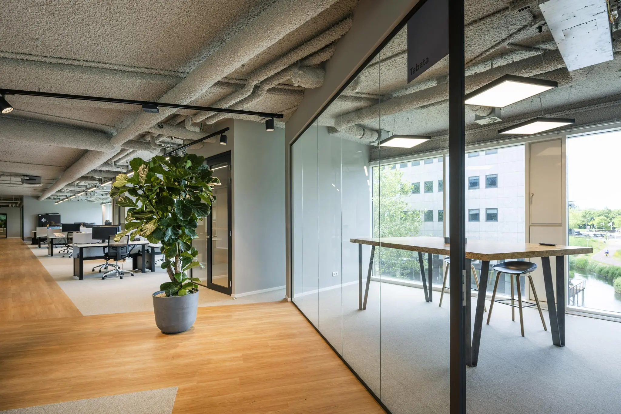 Modern kantoorinterieur aan het John M. Keynesplein met glazen vergaderruimte, open werkplekken en een grote kamerplant.