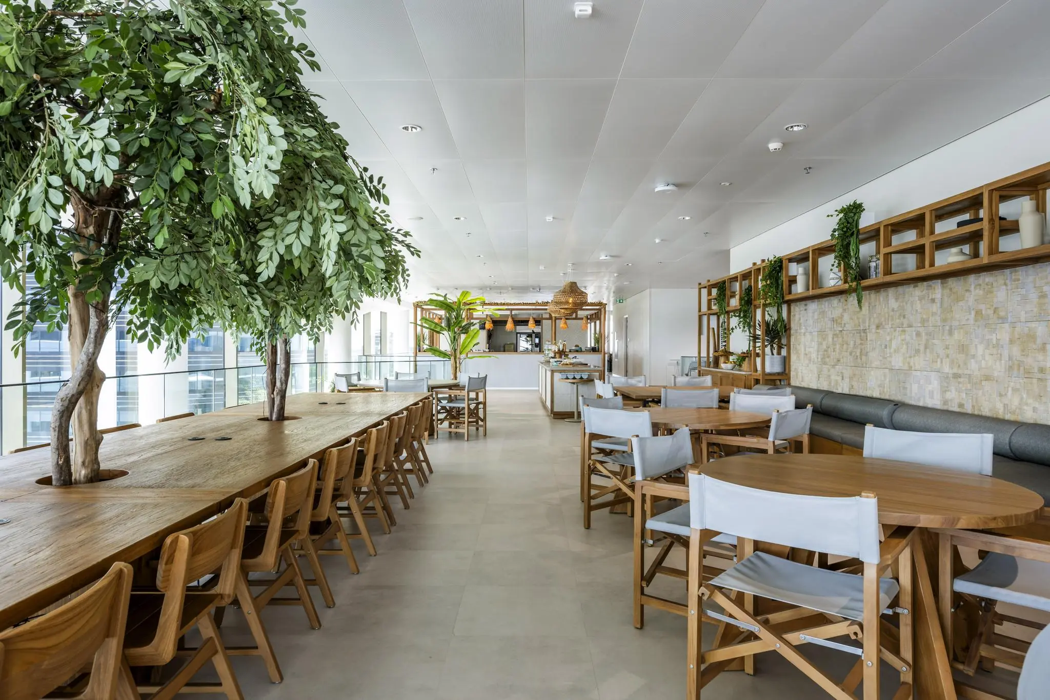 Modern en licht interieur van het Stadsplateau met houten meubilair, grote planten en een open eetruimte.