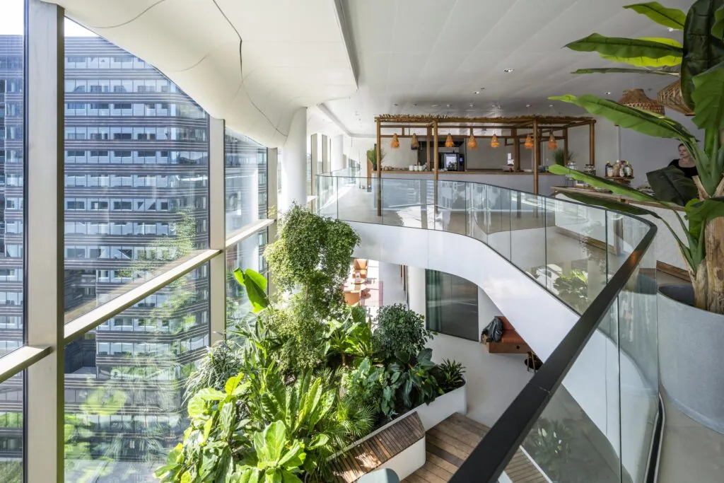 Modern interieur van het Stadsplateau met veel groen, grote ramen en een open verdieping met lunchruimte.