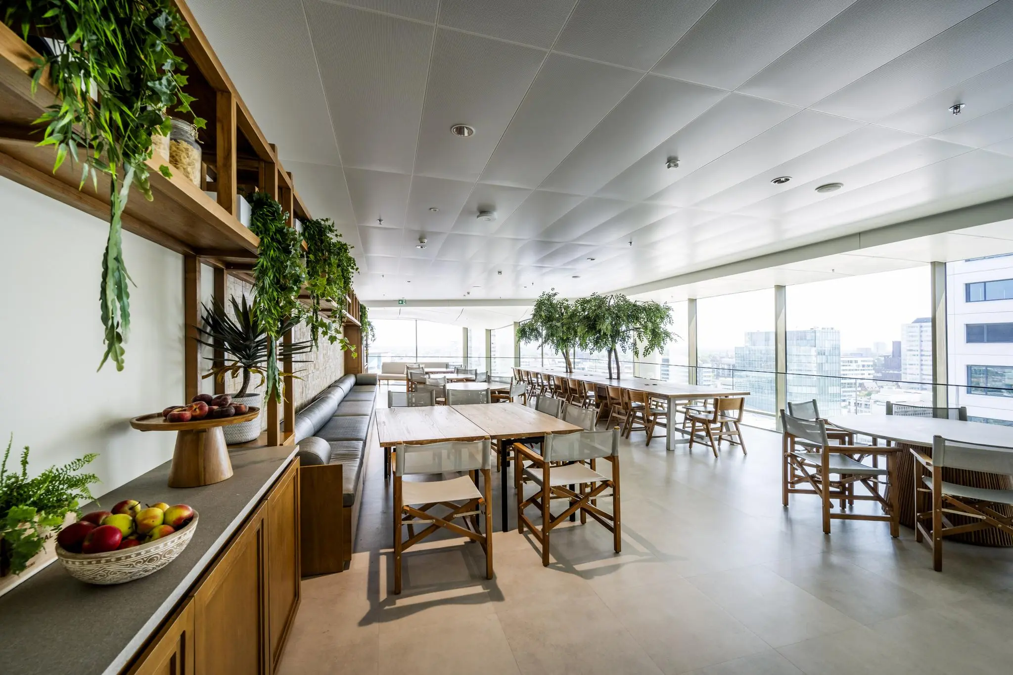 Modern ingericht stadsplateau met houten meubels, veel groen en uitzicht op kantoorgebouwen.