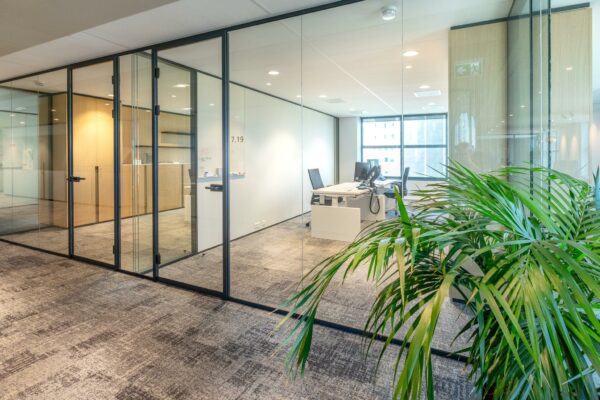 Moderne glazen kantoorkamer aan het Weena met bureaus, stoelen en een grote groene plant op de voorgrond.