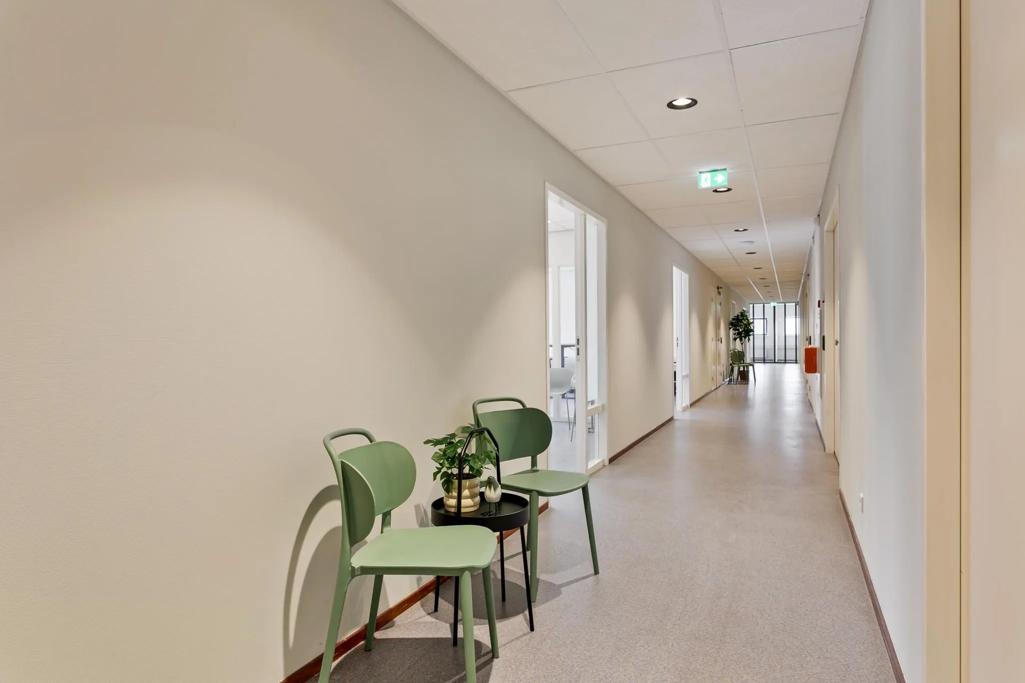 Lichte kantoorhal met twee groene stoelen en een tafeltje met planten tegen de muur.
