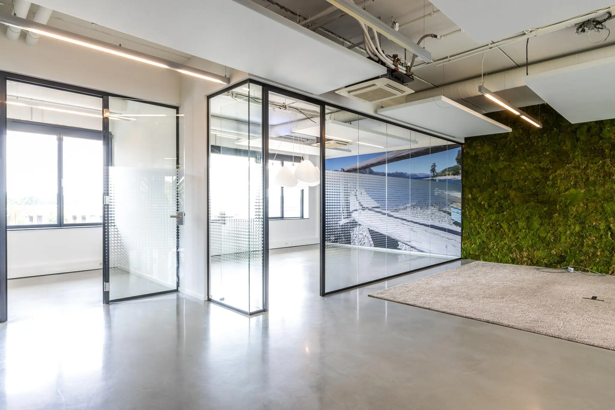 Modern kantoorinterieur aan de Laanakkerweg met glazen vergaderruimtes, moswand en natuurprint op glazen wand.