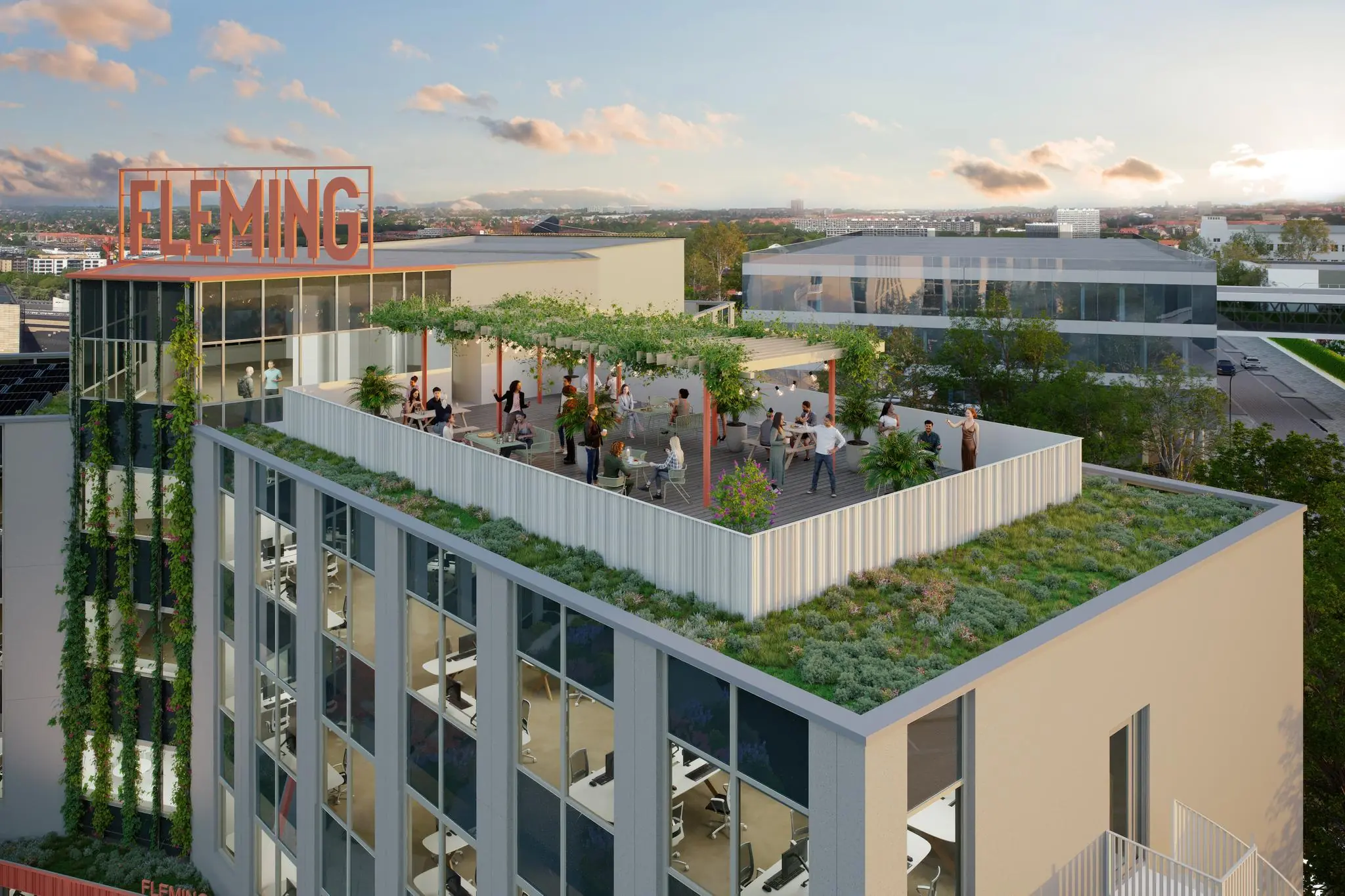 Dakterras met mensen onder een pergola op het moderne Fleming-kantoorgebouw aan de Fleminglaan.