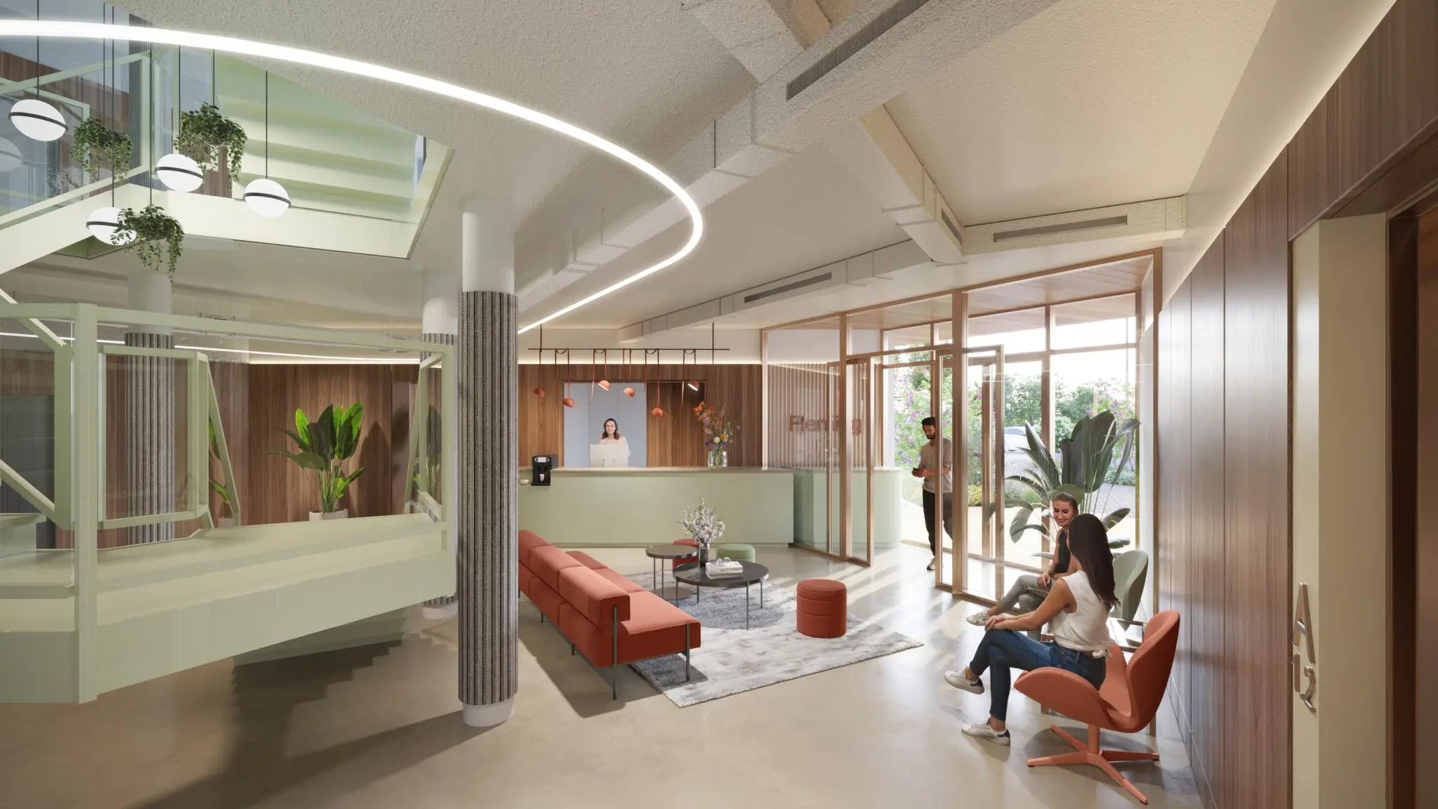 Moderne wachtruimte met zitgedeelte, receptiebalie en natuurlijke lichtinval aan de Fleminglaan.