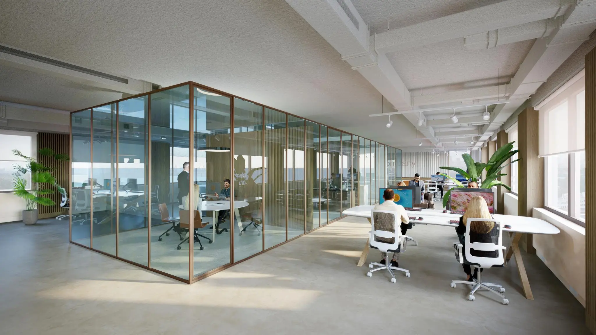 Modern kantoorinterieur aan de Fleminglaan met glazen vergaderruimte en open werkplekken.