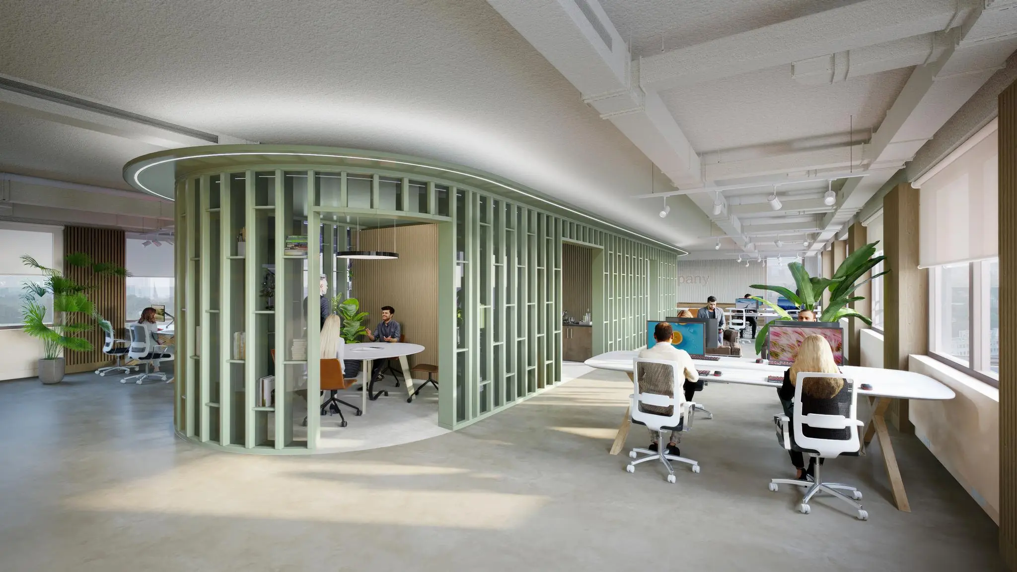 Een modern, open kantoor aan de Fleminglaan met flexwerkplekken, overlegzones en veel natuurlijk lichtinval.