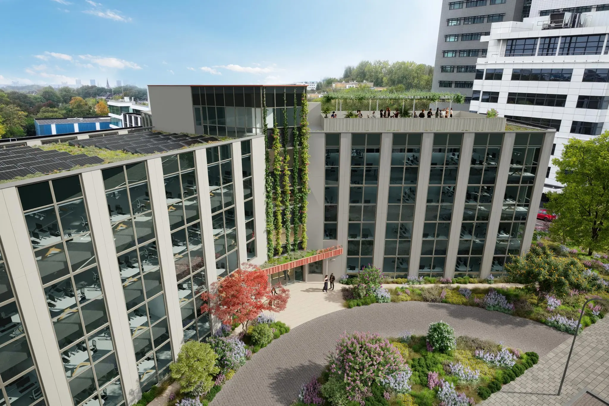 Modern kantoorgebouw aan de Fleminglaan met glazen gevel, groendak, zonnepanelen en een daktuin met mensen.