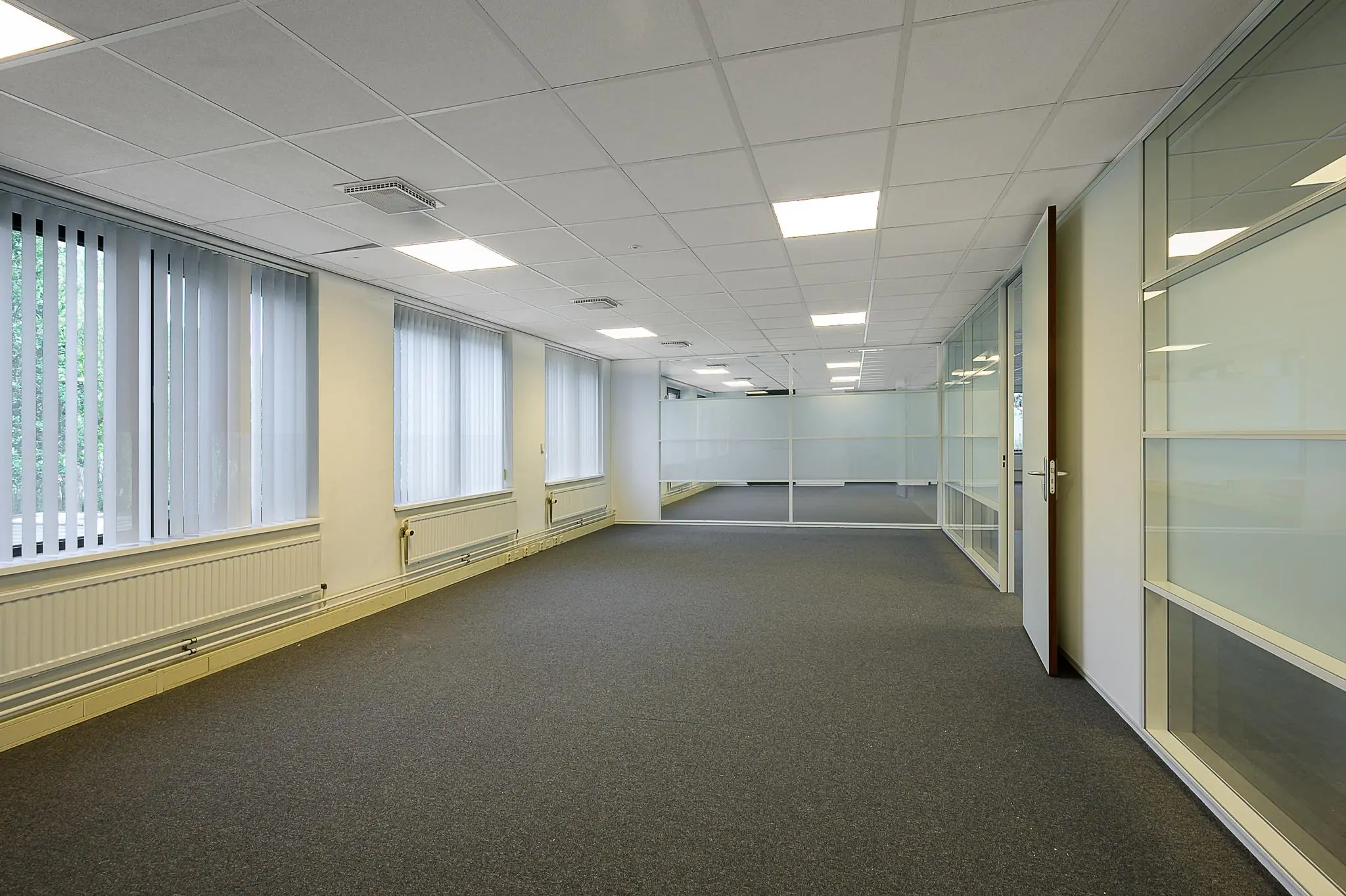 Leeg kantoorpand aan de Ligusterbaan met tapijtvloer, systeemplafond en glazen scheidingswanden.