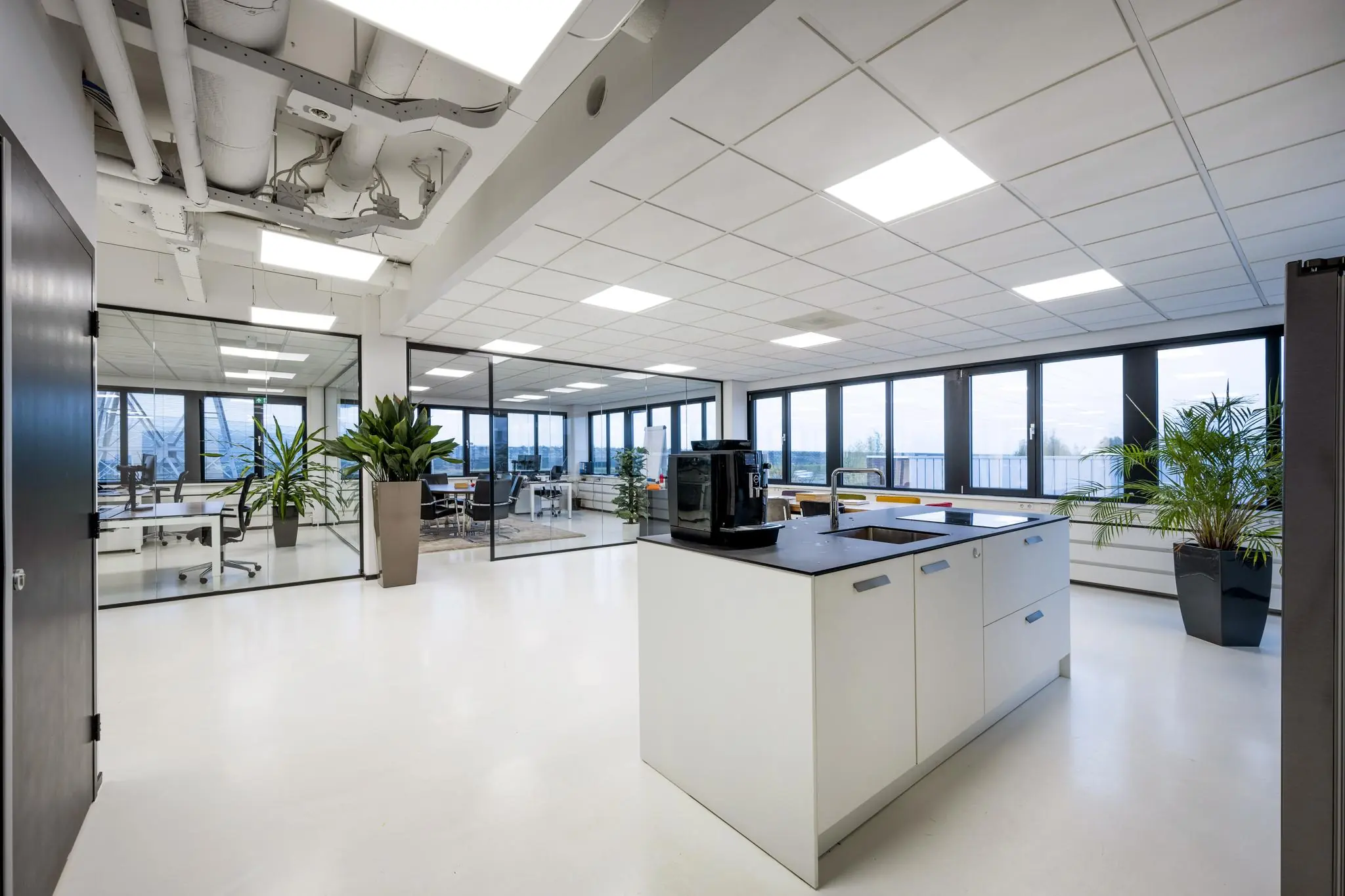 Modern kantoorinterieur aan de Savannahweg met glazen vergaderruimtes, een kitchenette en grote ramen.